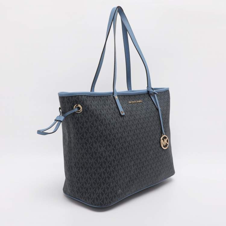 Pre Owned Michael Kors Blue Signature Coated Canvas and Leather Jet Set Travel Tote