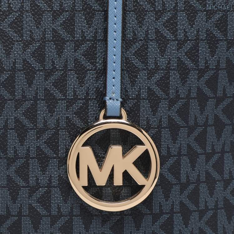 Pre Owned Michael Kors Blue Signature Coated Canvas and Leather Jet Set Travel Tote