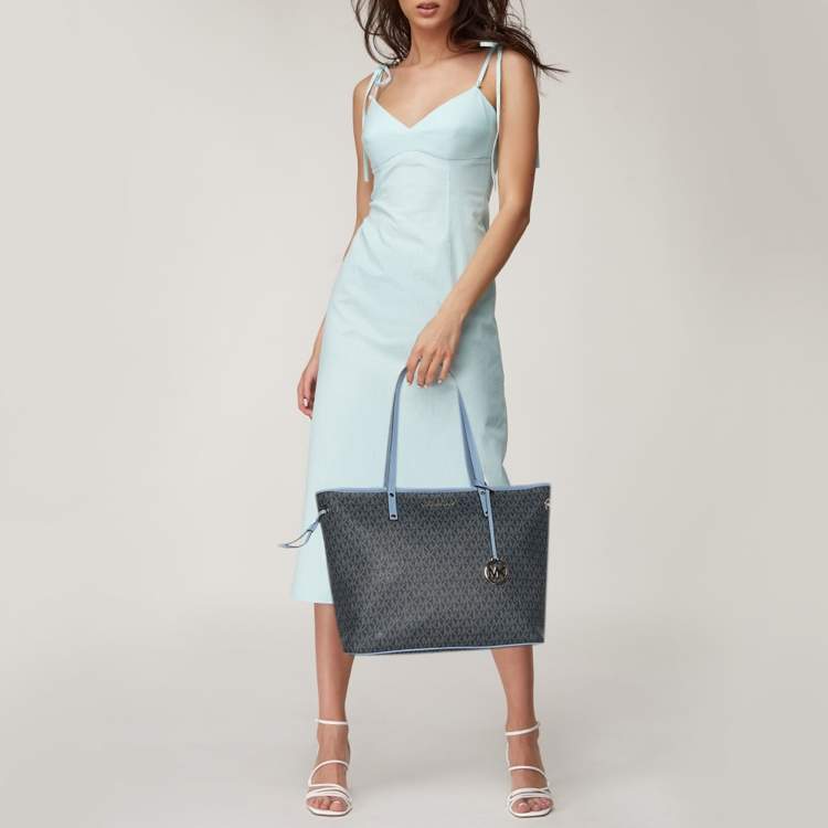 Pre Owned Michael Kors Blue Signature Coated Canvas and Leather Jet Set Travel Tote