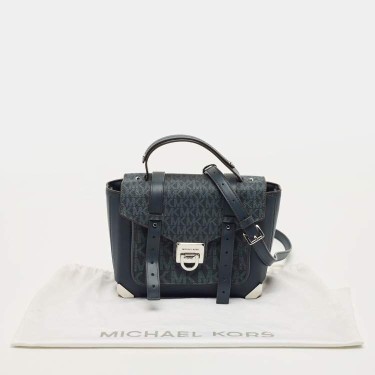 Pre Owned Michael Kors Manhattan Medium Navy Blue Signature Coated Canvas Top Handle Bag