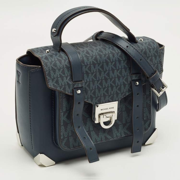 Pre Owned Michael Kors Manhattan Medium Navy Blue Signature Coated Canvas Top Handle Bag