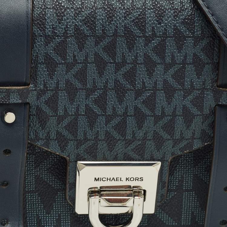 Pre Owned Michael Kors Manhattan Medium Navy Blue Signature Coated Canvas Top Handle Bag