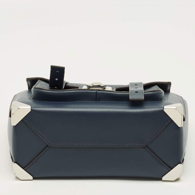 Pre Owned Michael Kors Manhattan Medium Navy Blue Signature Coated Canvas Top Handle Bag