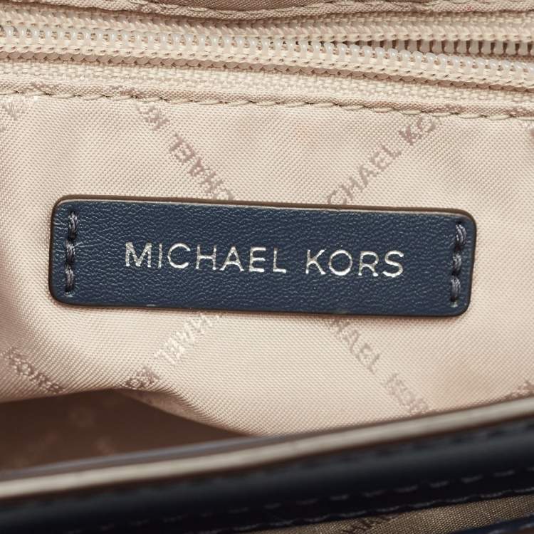 Pre Owned Michael Kors Manhattan Medium Navy Blue Signature Coated Canvas Top Handle Bag