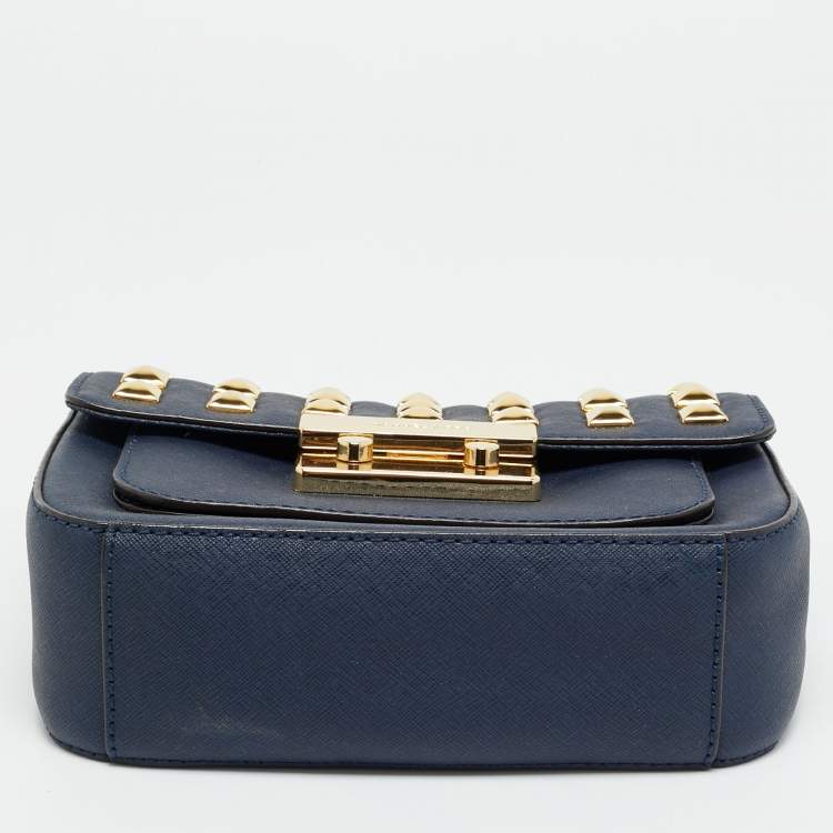 Pre Owned Michael Kors Studded Sloan Navy Blue Leather Shoulder Bag