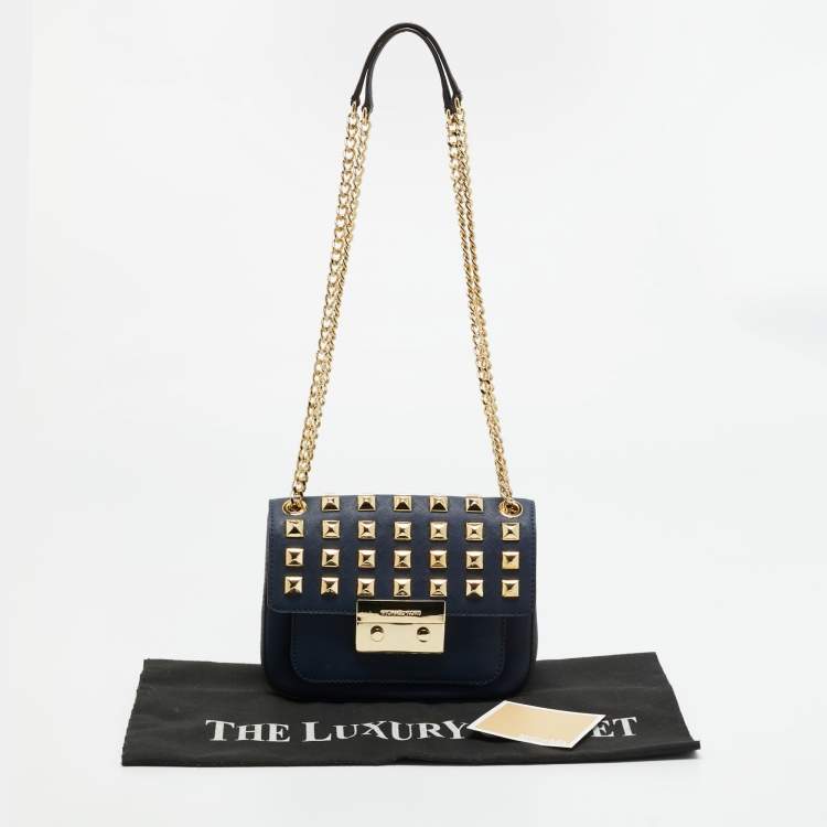 Pre Owned Michael Kors Studded Sloan Navy Blue Leather Shoulder Bag