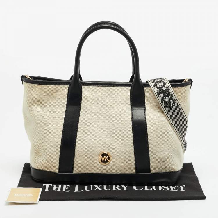 Pre Owned Michael Kors Luisa Medium Black/Natural Canvas and Faux Leather Tote
