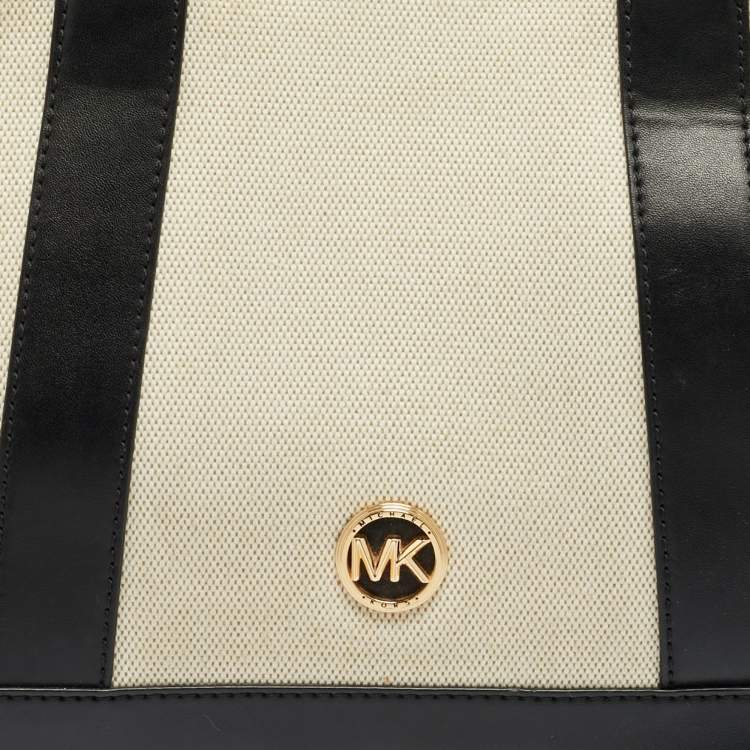 Pre Owned Michael Kors Luisa Medium Black/Natural Canvas and Faux Leather Tote
