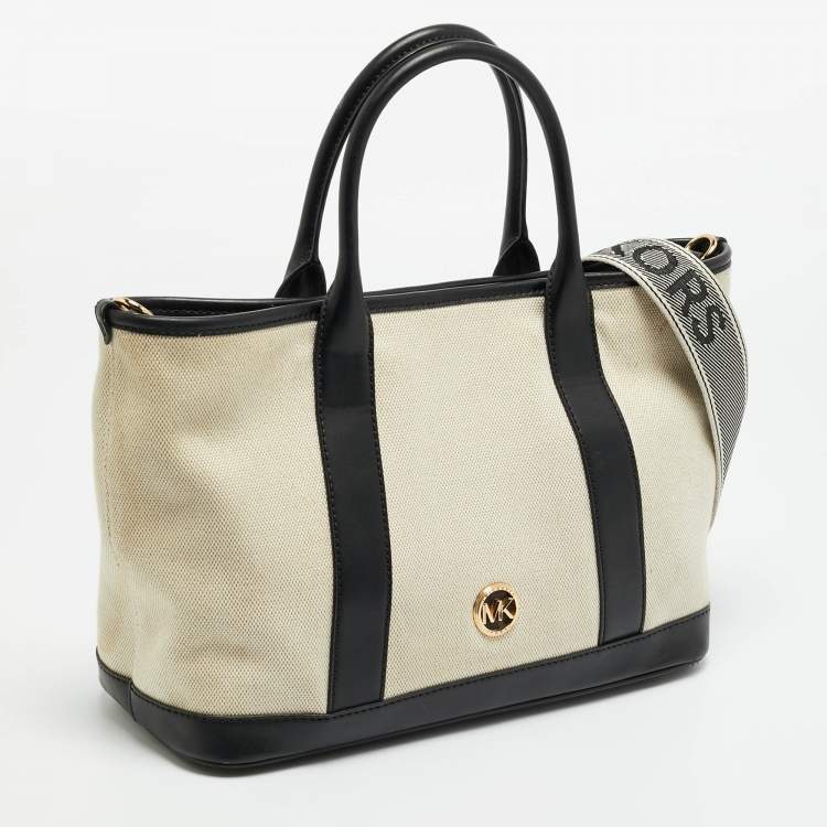 Pre Owned Michael Kors Luisa Medium Black/Natural Canvas and Faux Leather Tote