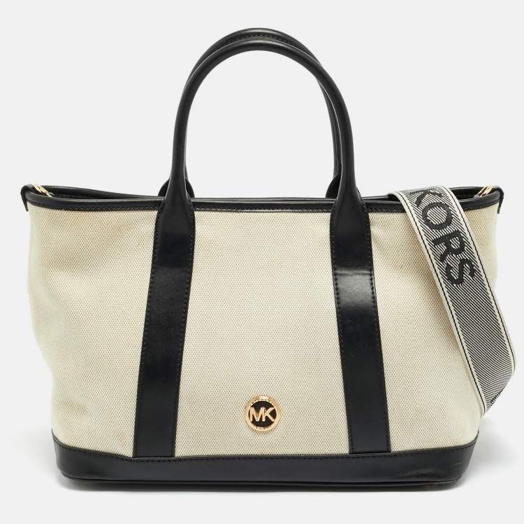 Pre Owned Michael Kors Luisa Medium Black/Natural Canvas and Faux Leather Tote