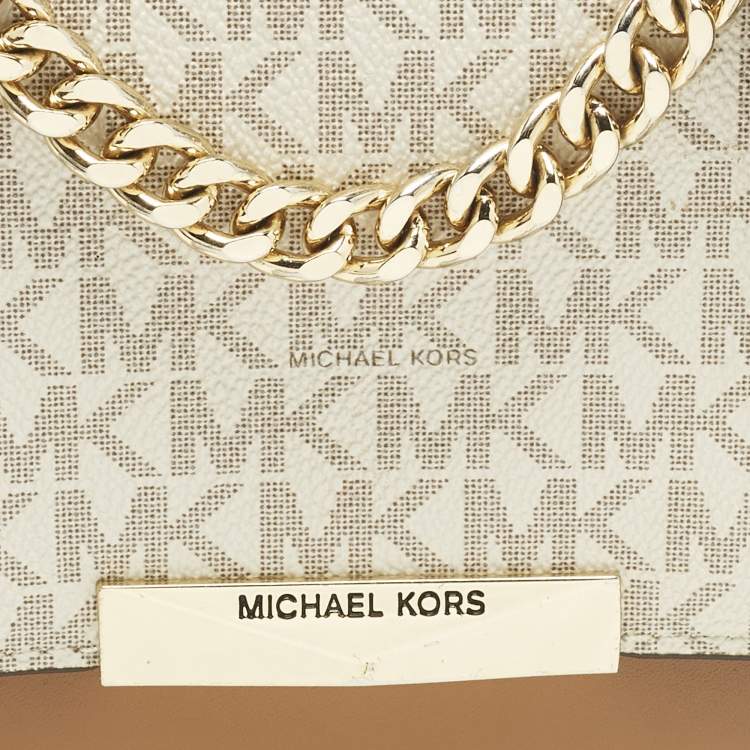 Pre Owned Michael Kors Jade White/Brown Signature Coated Canvas and Leather Shoulder Bag