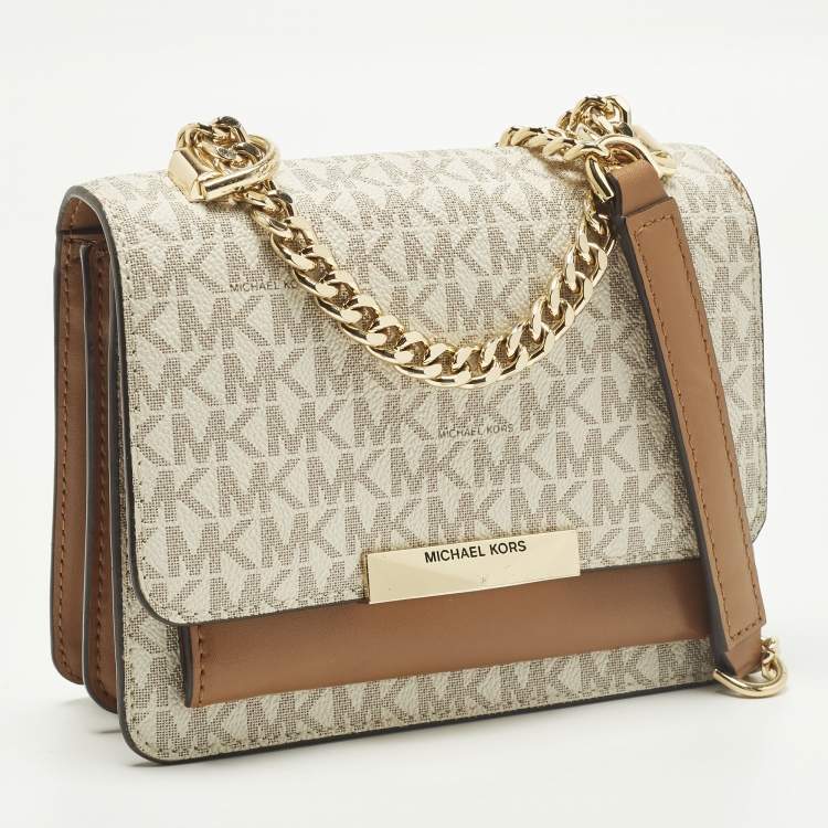Pre Owned Michael Kors Jade White/Brown Signature Coated Canvas and Leather Shoulder Bag