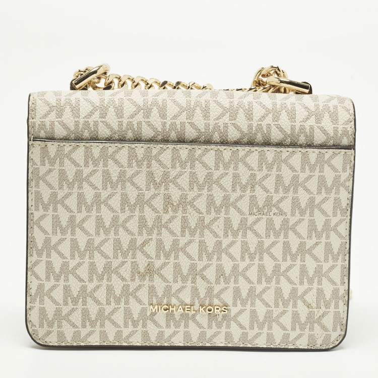 Pre Owned Michael Kors Jade White/Brown Signature Coated Canvas and Leather Shoulder Bag