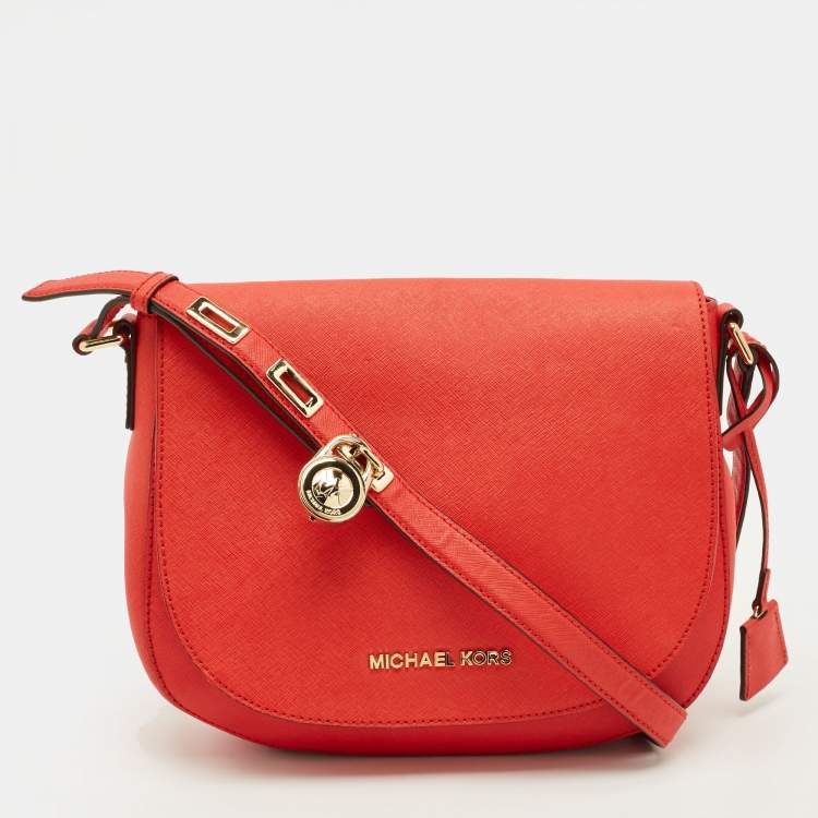 Pre Owned Michael Kors Hamilton Flap Red Leather Messenger Bag