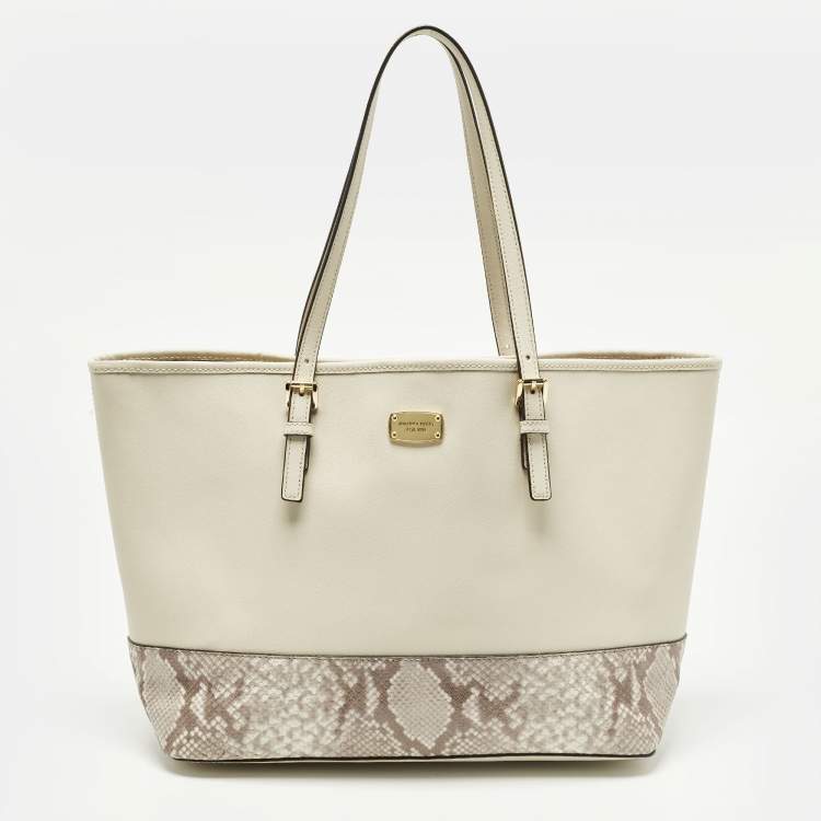 Pre Owned Michael Kors Jet Set Off White/Grey Python Embossed and Leather Tote