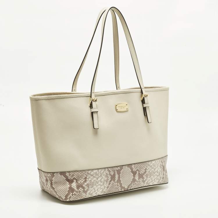 Pre Owned Michael Kors Jet Set Off White/Grey Python Embossed and Leather Tote