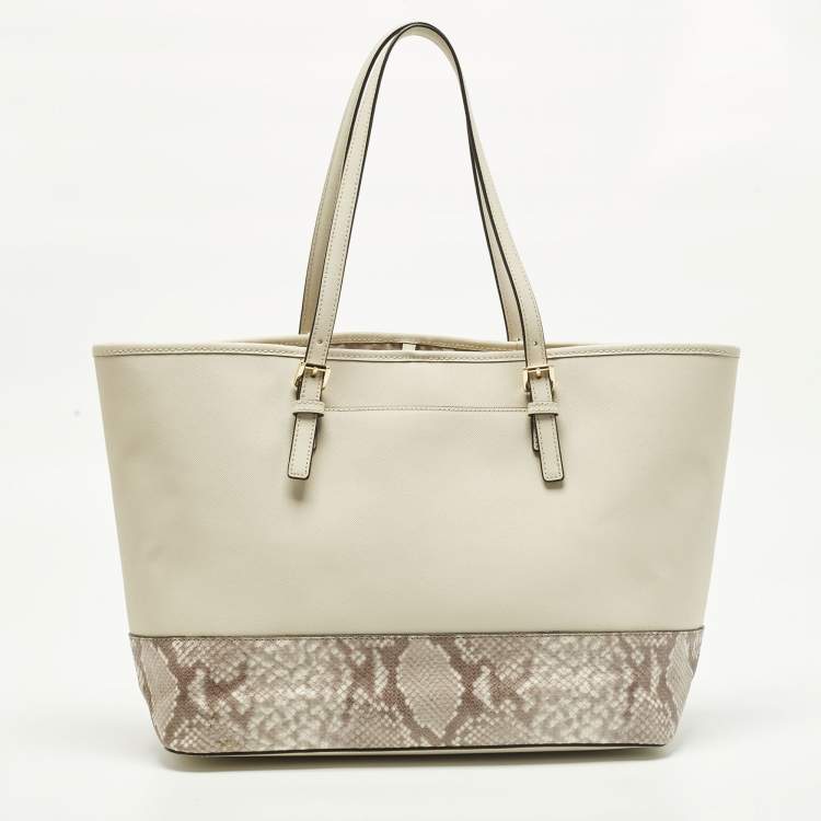 Pre Owned Michael Kors Jet Set Off White/Grey Python Embossed and Leather Tote