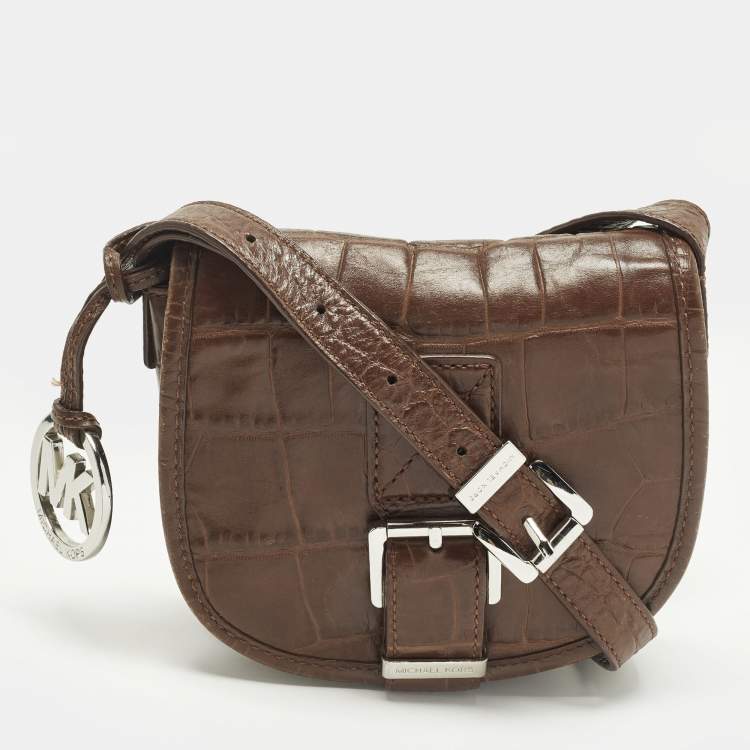 Pre Owned Michael Kors Saddle Dark Brown Croc Embossed Leather Crossbody Bag