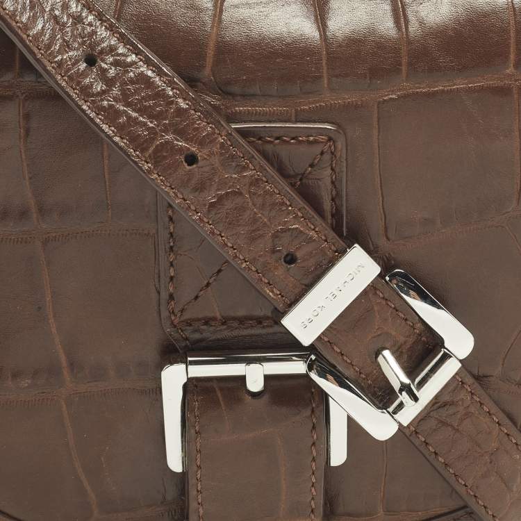 Pre Owned Michael Kors Saddle Dark Brown Croc Embossed Leather Crossbody Bag