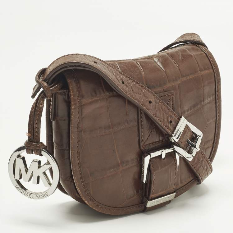 Pre Owned Michael Kors Saddle Dark Brown Croc Embossed Leather Crossbody Bag