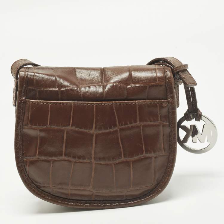 Pre Owned Michael Kors Saddle Dark Brown Croc Embossed Leather Crossbody Bag