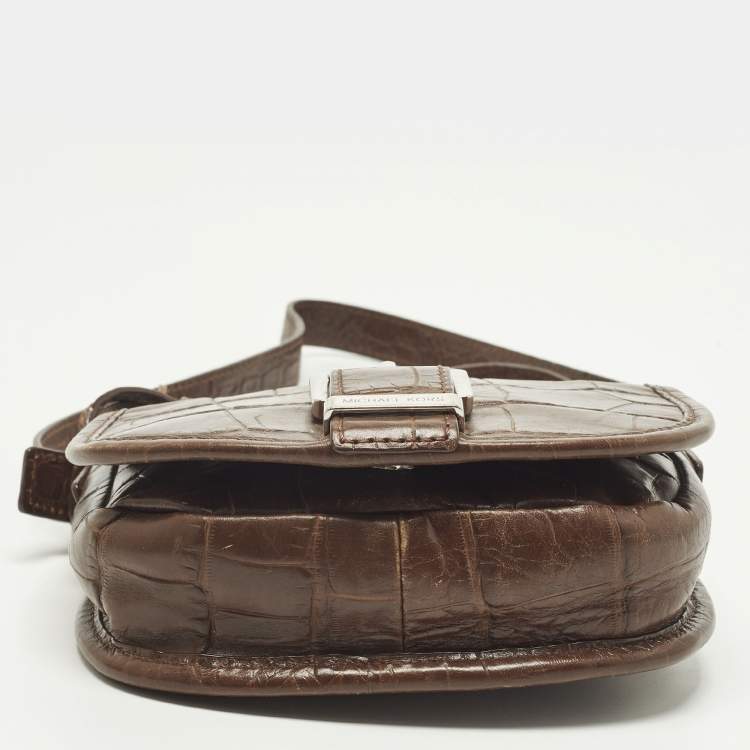 Pre Owned Michael Kors Saddle Dark Brown Croc Embossed Leather Crossbody Bag