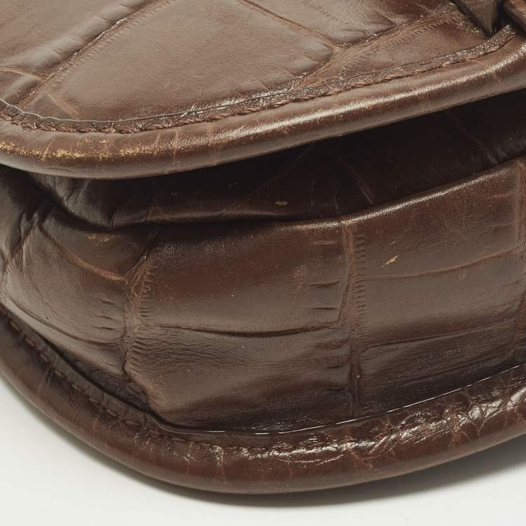 Pre Owned Michael Kors Saddle Dark Brown Croc Embossed Leather Crossbody Bag