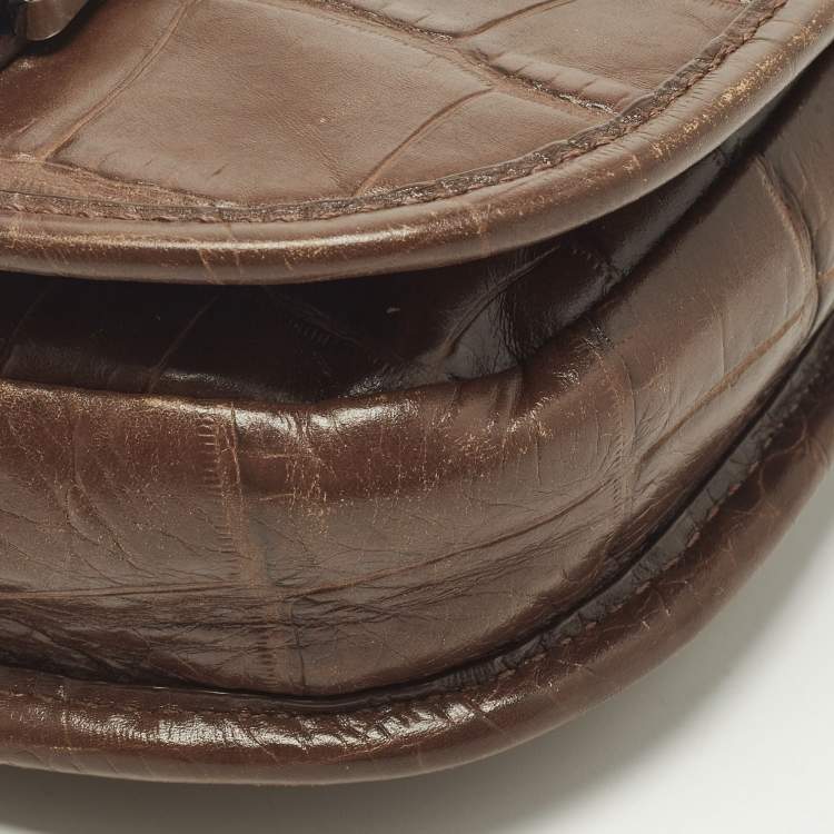 Pre Owned Michael Kors Saddle Dark Brown Croc Embossed Leather Crossbody Bag