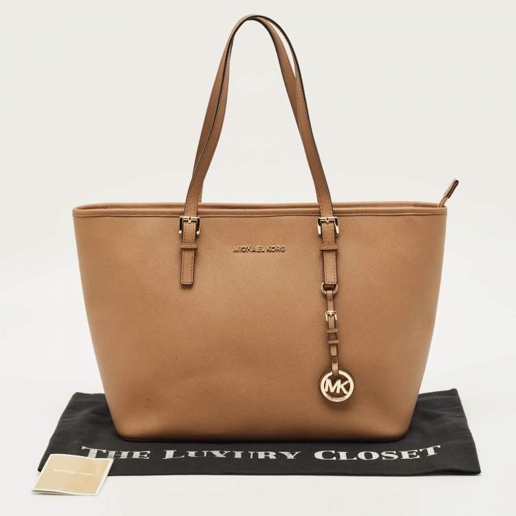 Pre Owned Michael Kors Jet Set Zip Large Tan Leather Tote