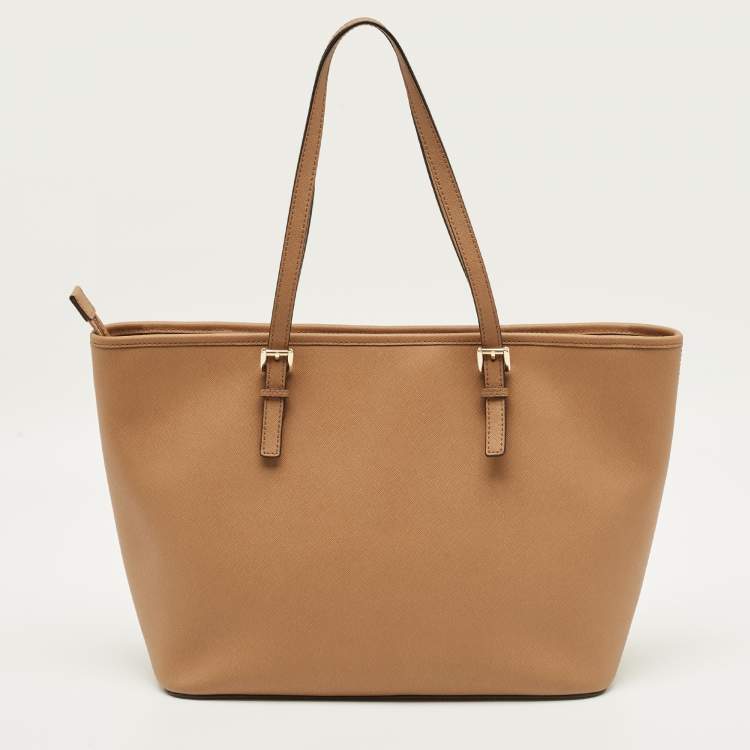 Pre Owned Michael Kors Jet Set Zip Large Tan Leather Tote