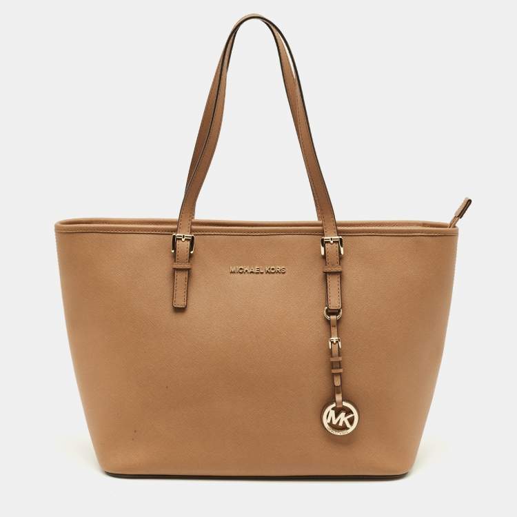 Pre Owned Michael Kors Jet Set Zip Large Tan Leather Tote
