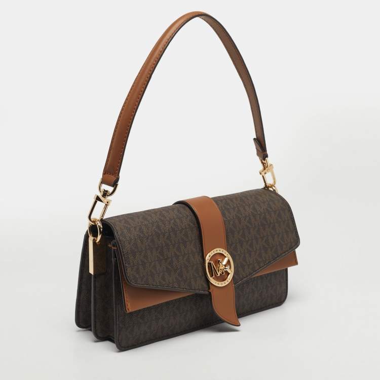 Pre Owned Michael Kors Greenwich Medium Signature Brown Coated Canvas and Leather Top Handle Bag
