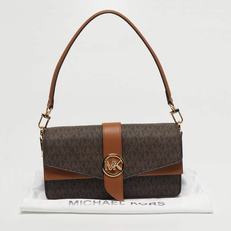 Pre Owned Michael Kors Greenwich Medium Signature Brown Coated Canvas and Leather Top Handle Bag