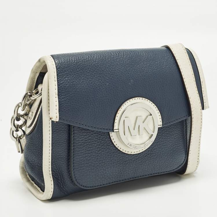 Pre Owned Michael Kors Margo Navy Blue/White Leather Crossbody Bag
