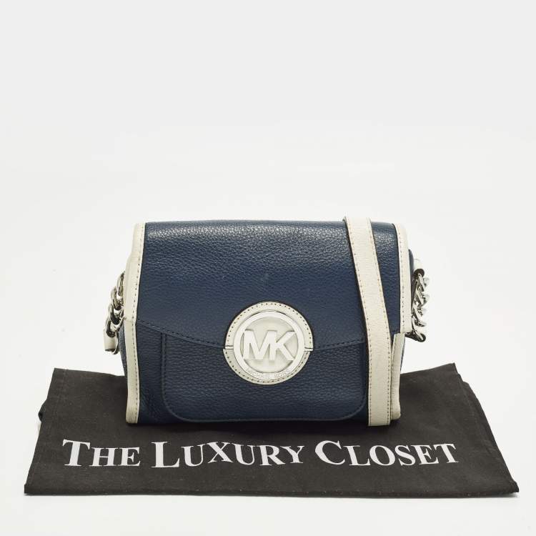 Pre Owned Michael Kors Margo Navy Blue/White Leather Crossbody Bag