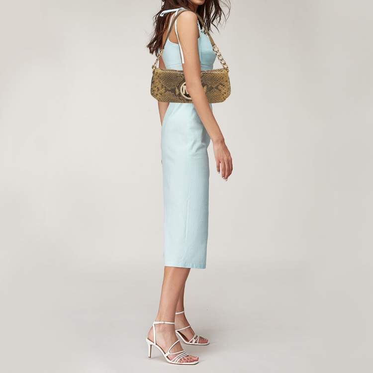 مملوكة مسبقًا Michael Kors Logo Flap Light Green Python Embossed Leather Chain Clutch