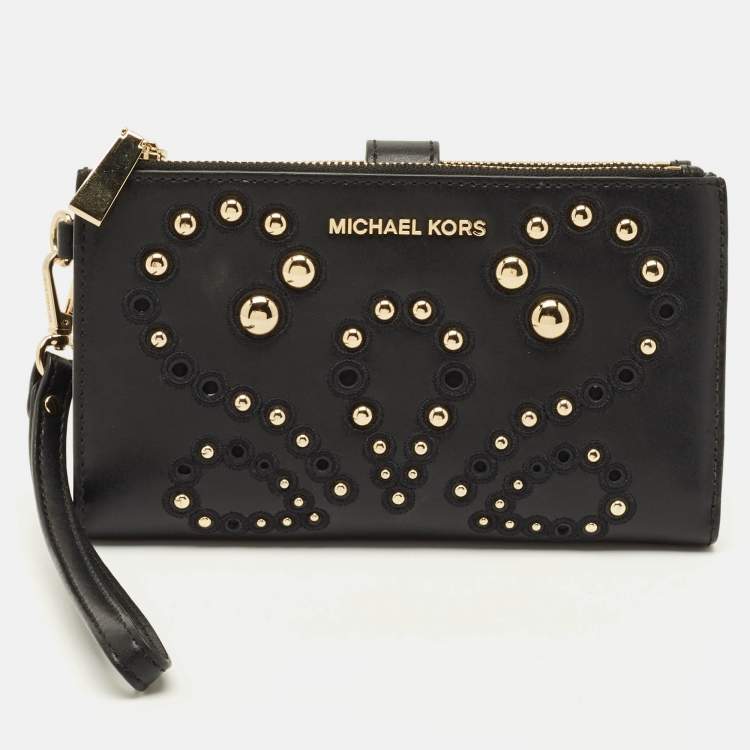Pre Owned Michael Kors Adele Studded Black Leather Phone Wristlet Wallet