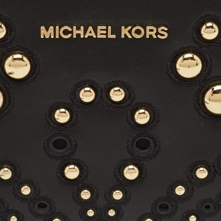 Pre Owned Michael Kors Adele Studded Black Leather Phone Wristlet Wallet
