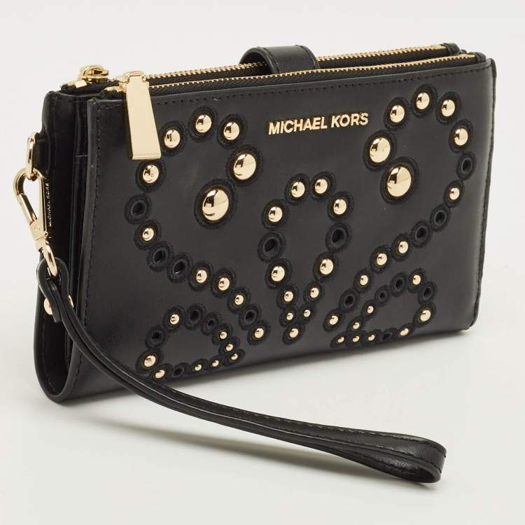 Pre Owned Michael Kors Adele Studded Black Leather Phone Wristlet Wallet