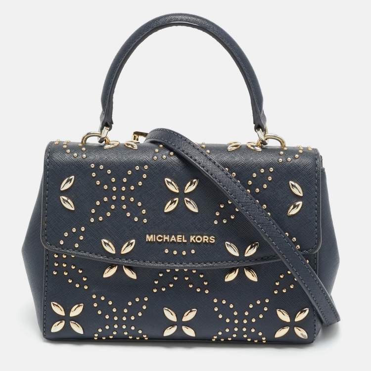 Pre Owned Michael Kors Studded Ava Extra Small Navy Blue Leather Top Handle Bag