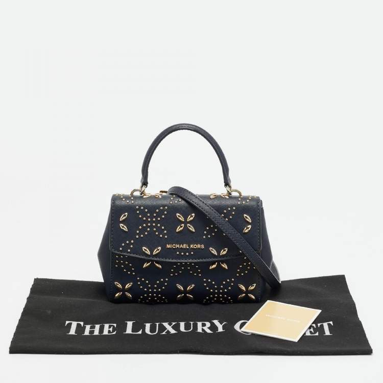 Pre Owned Michael Kors Studded Ava Extra Small Navy Blue Leather Top Handle Bag