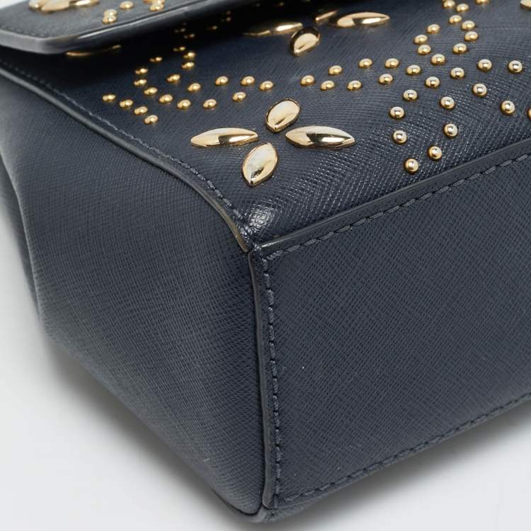 Pre Owned Michael Kors Studded Ava Extra Small Navy Blue Leather Top Handle Bag