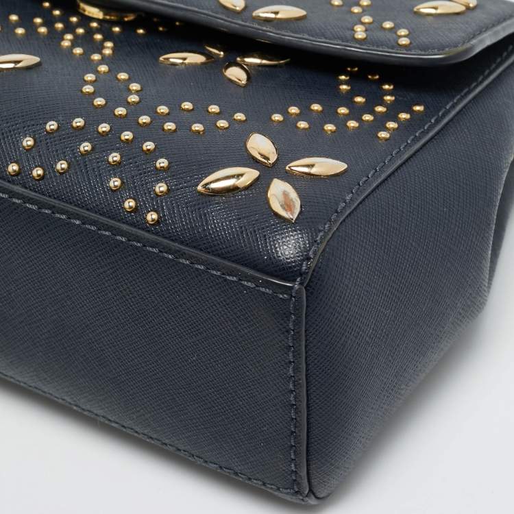 Pre Owned Michael Kors Studded Ava Extra Small Navy Blue Leather Top Handle Bag