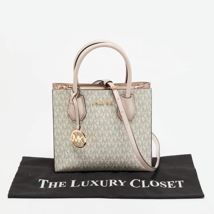 Pre Owned Michael Kors Mercer Mini Light Pink/Beige Signature Coated Canvas and Leather Tote