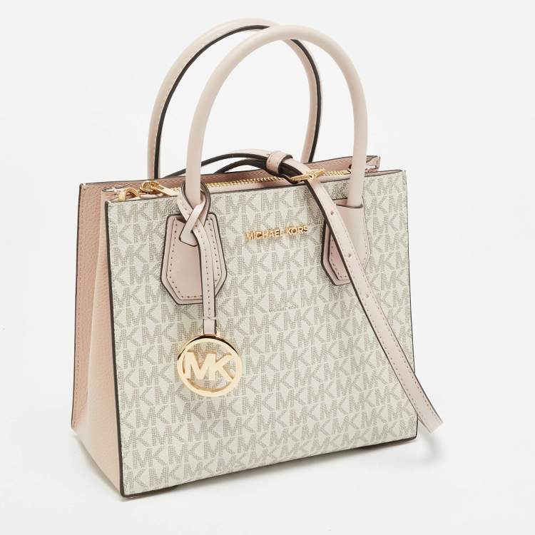 Pre Owned Michael Kors Mercer Mini Light Pink/Beige Signature Coated Canvas and Leather Tote