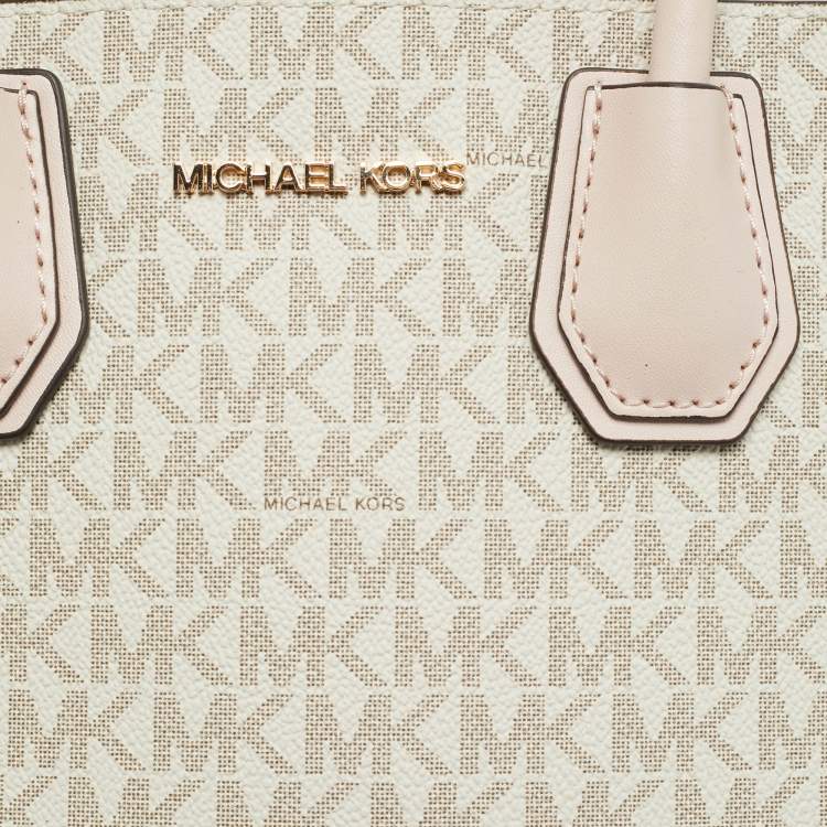Pre Owned Michael Kors Mercer Mini Light Pink/Beige Signature Coated Canvas and Leather Tote