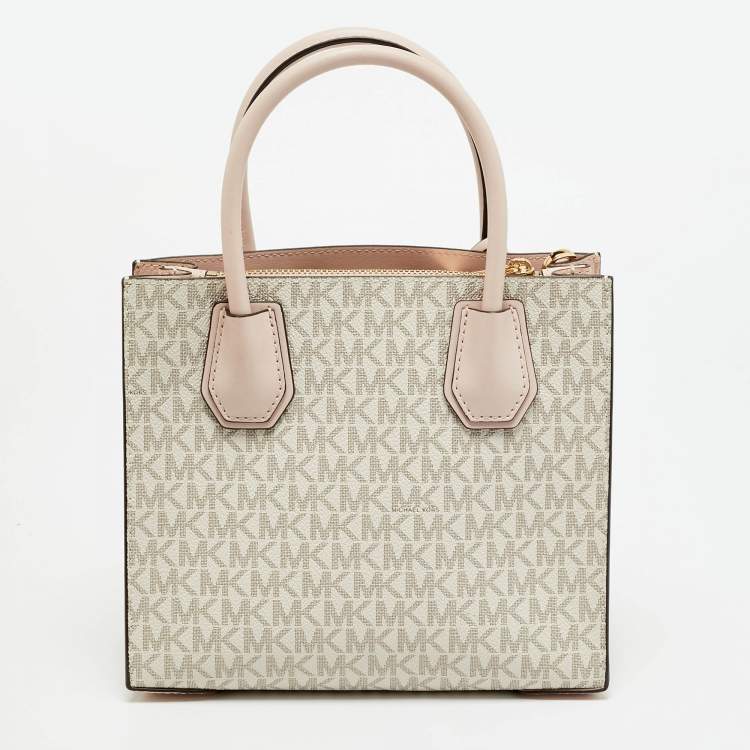 Pre Owned Michael Kors Mercer Mini Light Pink/Beige Signature Coated Canvas and Leather Tote