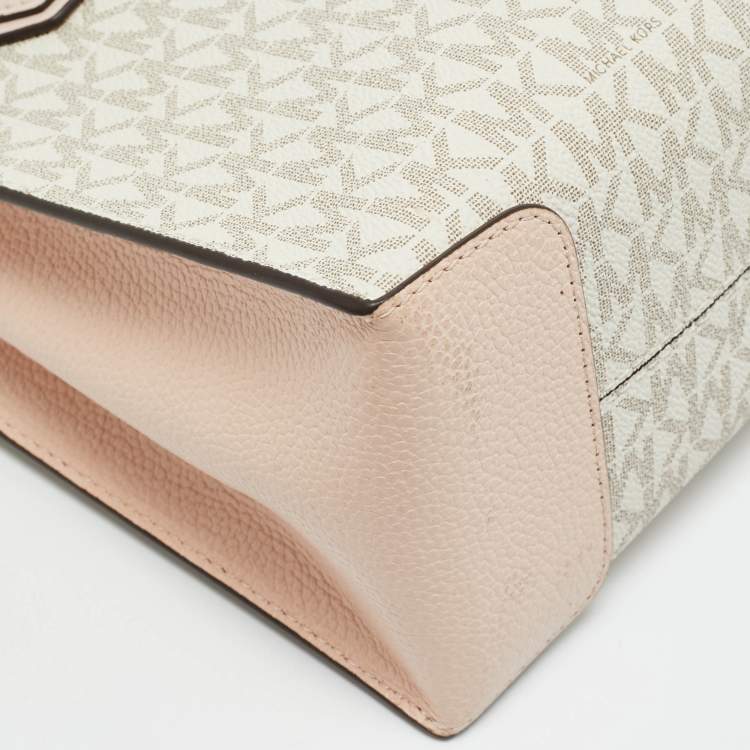 Pre Owned Michael Kors Mercer Mini Light Pink/Beige Signature Coated Canvas and Leather Tote