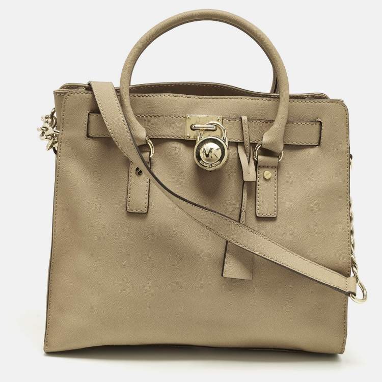 Pre Owned Michael Kors Hamilton North South Large Beige Leather Tote