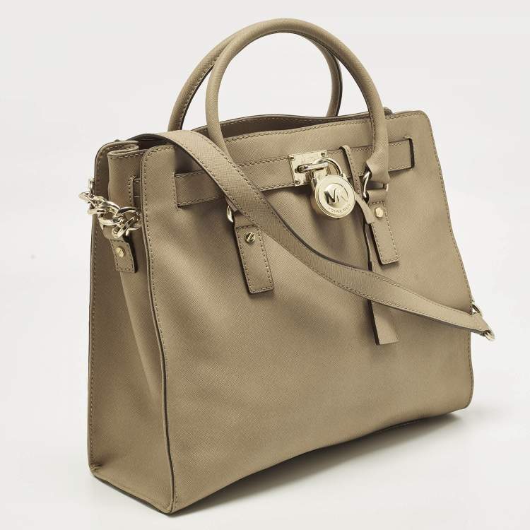 Pre Owned Michael Kors Hamilton North South Large Beige Leather Tote